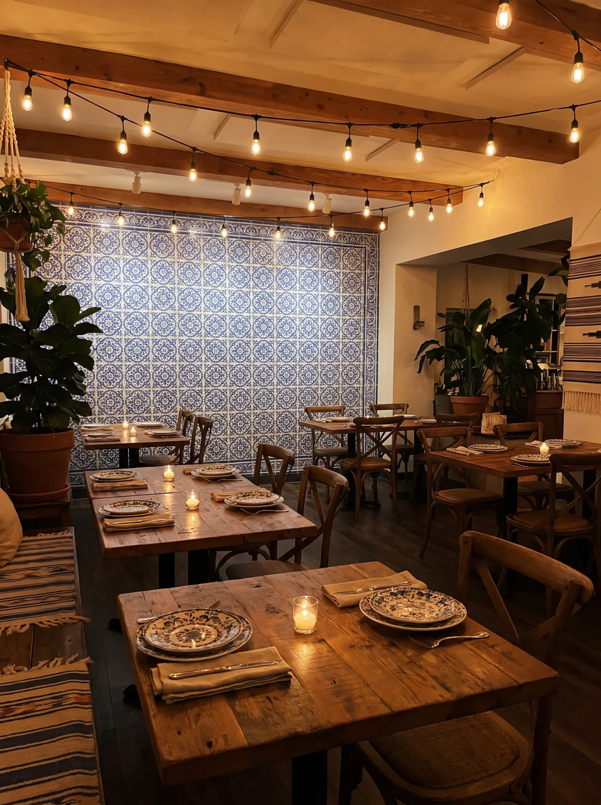 The Arca dining room, warm lighting and azulejo tile accents